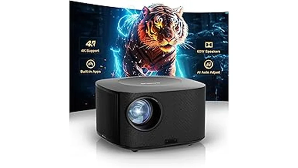 The image shows a sleek, modern 4K projector displaying a vibrant, cinematic image, perfect for a home theater setup.